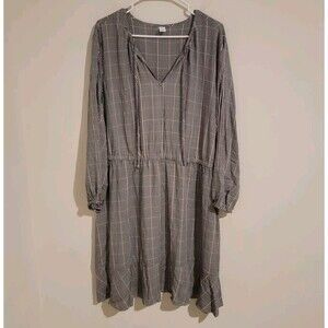 Old Navy Dress Size XXL Glen‎ Plaid Midi Elastic Waist Long Sleeve